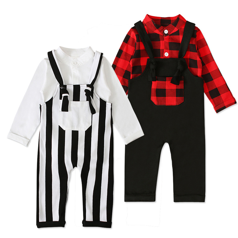 

Children Clothes European And American set Spring Autumn Toddler Boys Girls plaid Rompers with Suspenders Trousers Baby Clothing Set, As picture