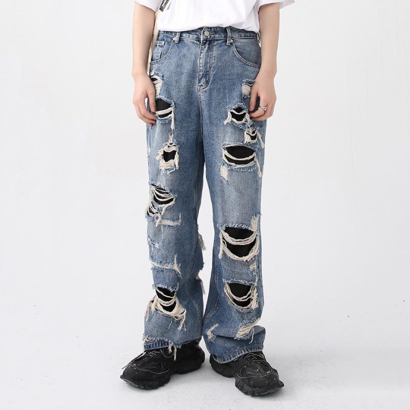 

Men' Jeans Vintage Ripped Men Distressed Harajuku Baggy Hip Hop Trousers Straight Loose Streetwear Hole Blue For MaleMen