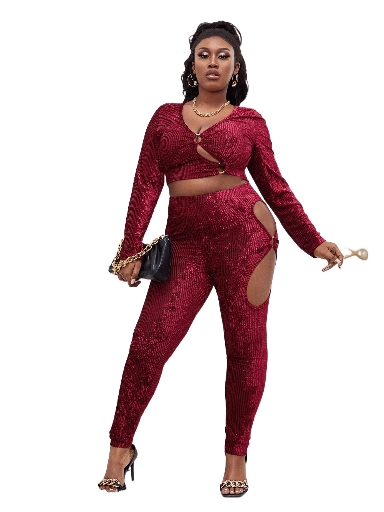 

sxy Plus O-ring Cut Out Crop Velvet Top & Leggings G6JX#, Burgundy