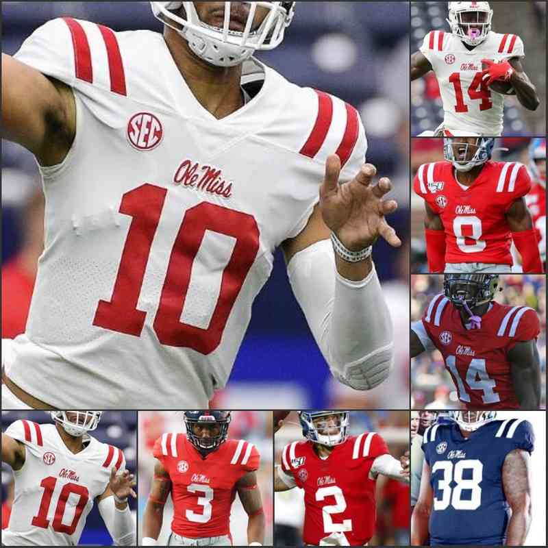 

Custom Ole Miss Rebels Football stitched jerseys AJ Brown Matt Corral DaMarkus Lodge Elijah Moore DK Metcalf Scottie Phillips Isaiah Woullar, White with 150th patch