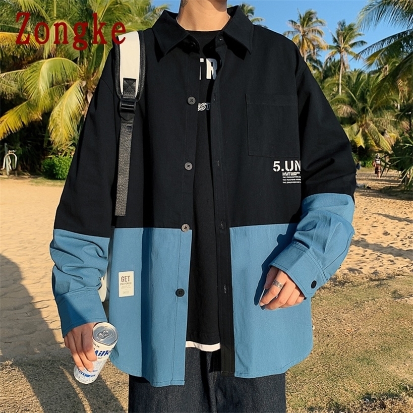 

Zongke Patchwork Casual Shirts For Men Clothing Button Up Shirt Korean Fashion Clothes M-4XL Arrival 220323, White