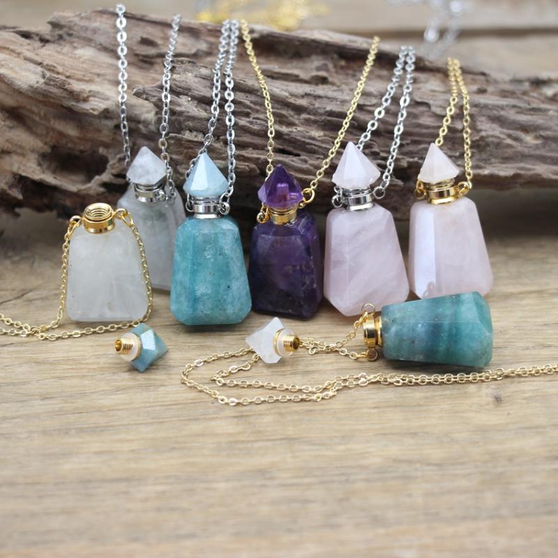 

Pendant Necklaces Natural Gems Stone Essential Oil Vial Pendants Gold Color Rose Quartzs Amethysts Perfume Bottle Charm Jewelry QC1063Pendan