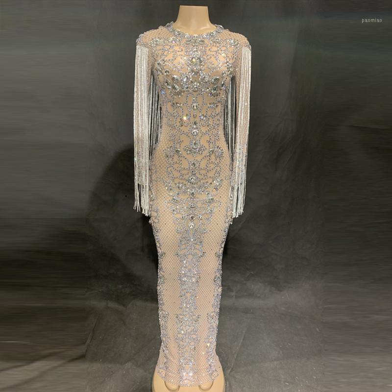 

Casual Dresses Mesh Perspective Sparkly Crystals Long Dress Evening Party Rhinestones Birthday Celebrate Costume Fringes, Black