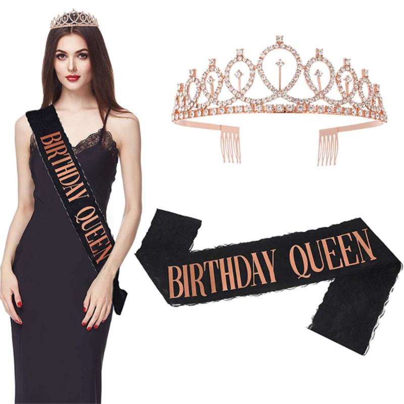 

Party Decoration Wedding 2pc/set Birthday Lace Shoulder Strap Crown Set Rose Gold QUEEN Double Sash Happy