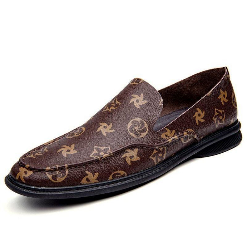 

genuine Casual Fashion Men Shoes PU Leather Solid Color Round Toe Flat Heel Comfortable Breathable Lightweight Printing Youth Trend Simple Peas Shoes, Black