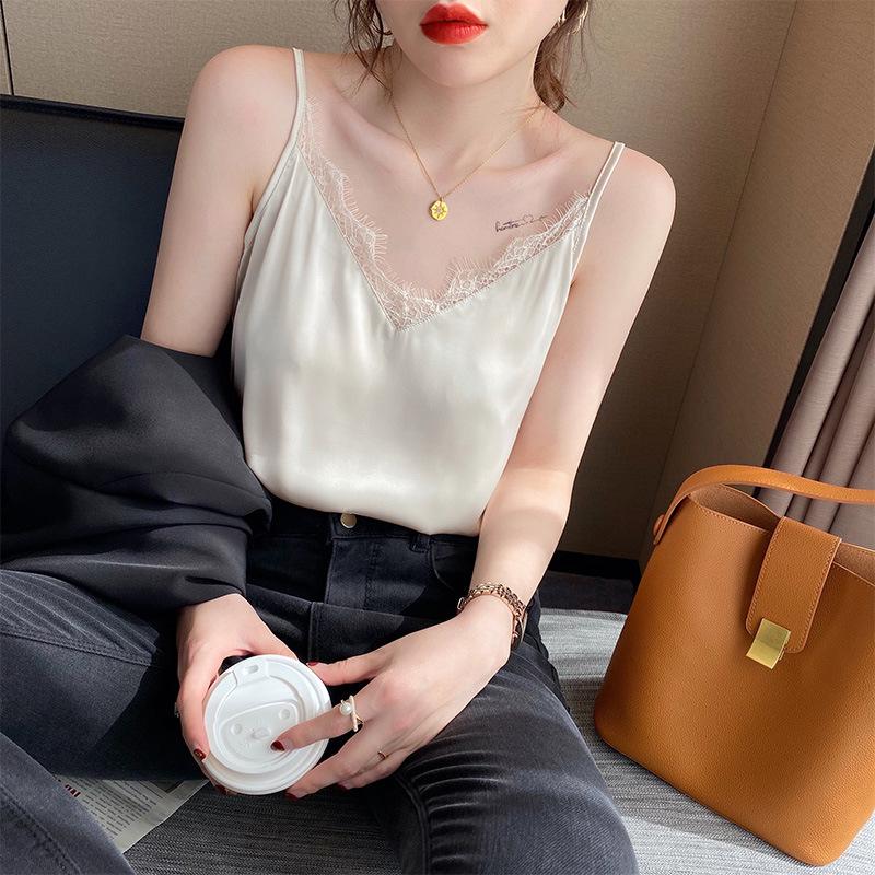 

Women' Tanks & Camis Silk V-neck Suspender Vest Women' Summer Mulberry Lace Bottom Versatile Surface And Inner VestWomen, White