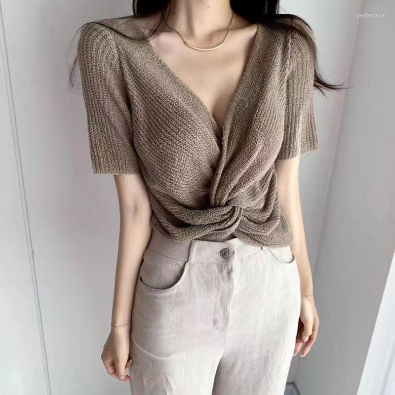 

Women' Sweaters Korean French Retro V-neck Knot Design Short Sleeve Sweater Two Ways To Wear Front And BackWomen' Perf22, Black