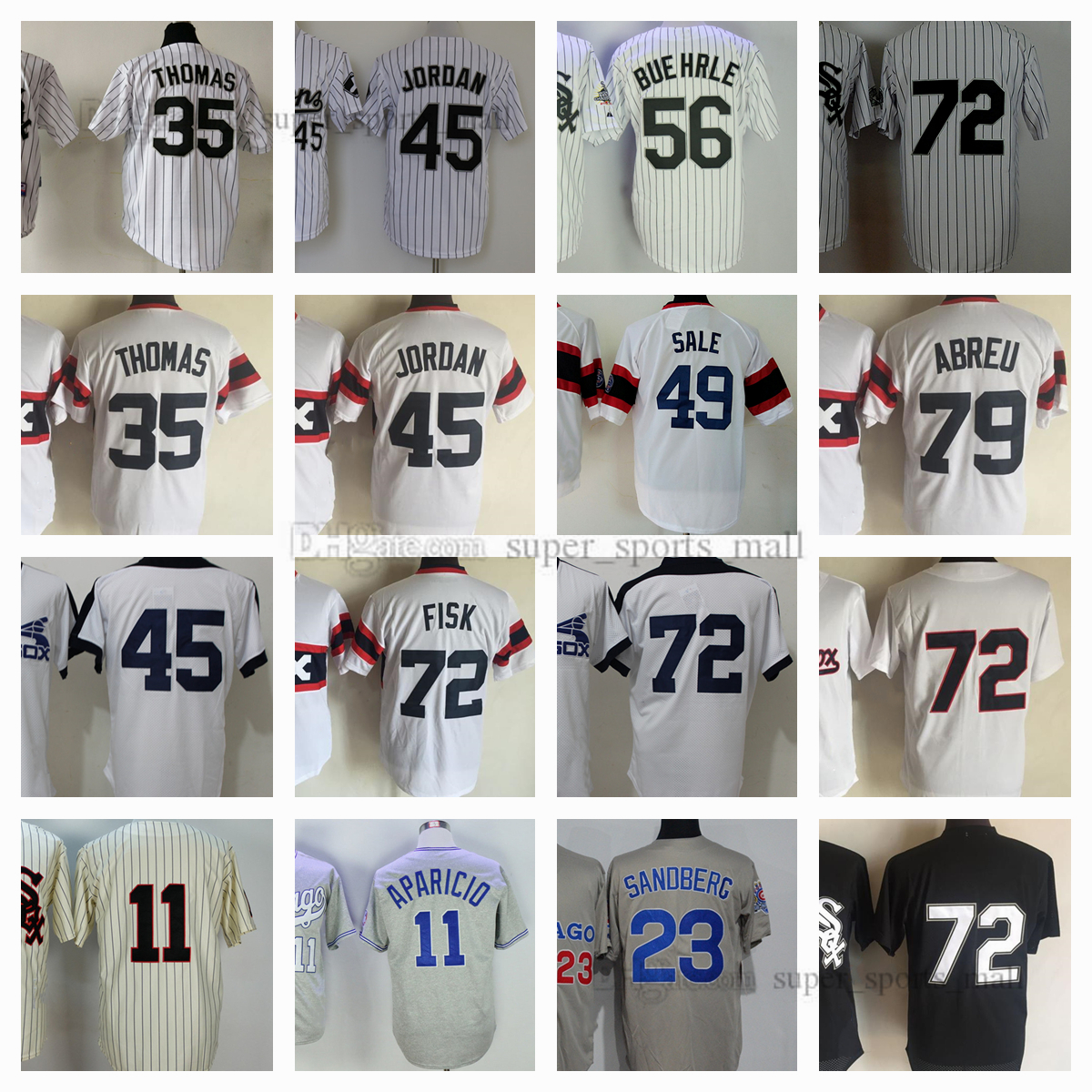 

72 Carlton Fisk Vintage Baseball Jersey 79 Jose Abreu 11 Luis Aparicio 1959 1976 23 Robin Ventura 35 Frank Thomas 45 Michael Jordan 49 Chris Sale 56 Mark Buehrle Jerseys, As picture