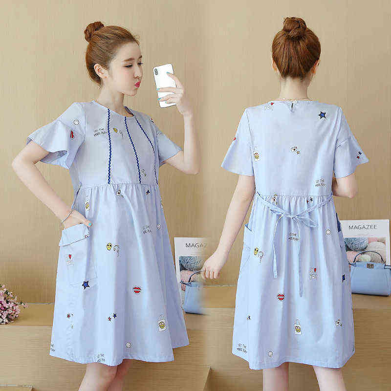 

Pragnancy Dresses Summer Dress Korean Version White Maternity Dresses Medium-length Loose Short Sleeved Maternity Clothes G220418, Blue