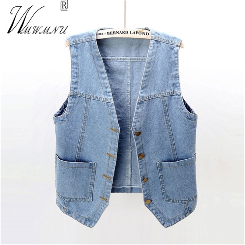

Street Fashion VNeck Denim Vest Women Spring Summer Casual Sleeveless Chaleco Mujer Buttons Loose Plus Size Jean Waistcoats L220812, Light blue
