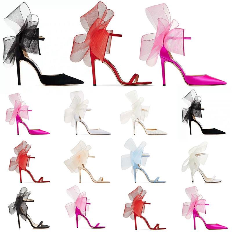 

With BOX Luxury Designer High Heels Sandals women heel Averly Pumps Aveline Sandal with Asymmetric Grosgrain Mesh Fascinator Bows Dress Shoes, Item #6