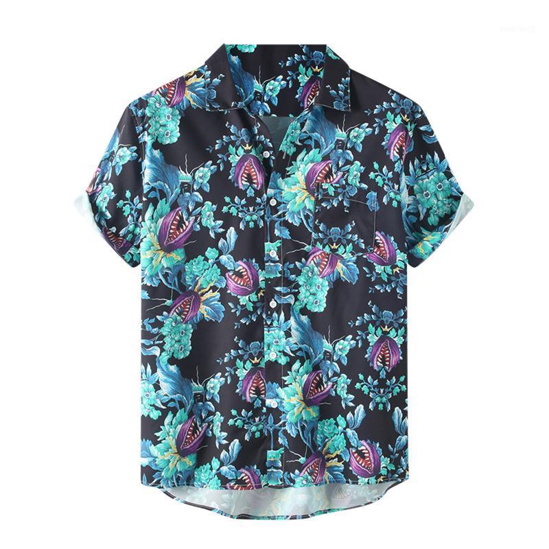 

Hawaiian Shirts Short Sleeve Wild Print Button Linen Summer Camisas Hombre Men' Shirt Casual Slim Fit Blusa, Blue