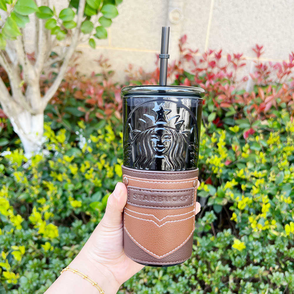 

Starbucks water cup large capacity summer father's day cool black goddess leather cover glass straw 550mlNNTK, Yellow