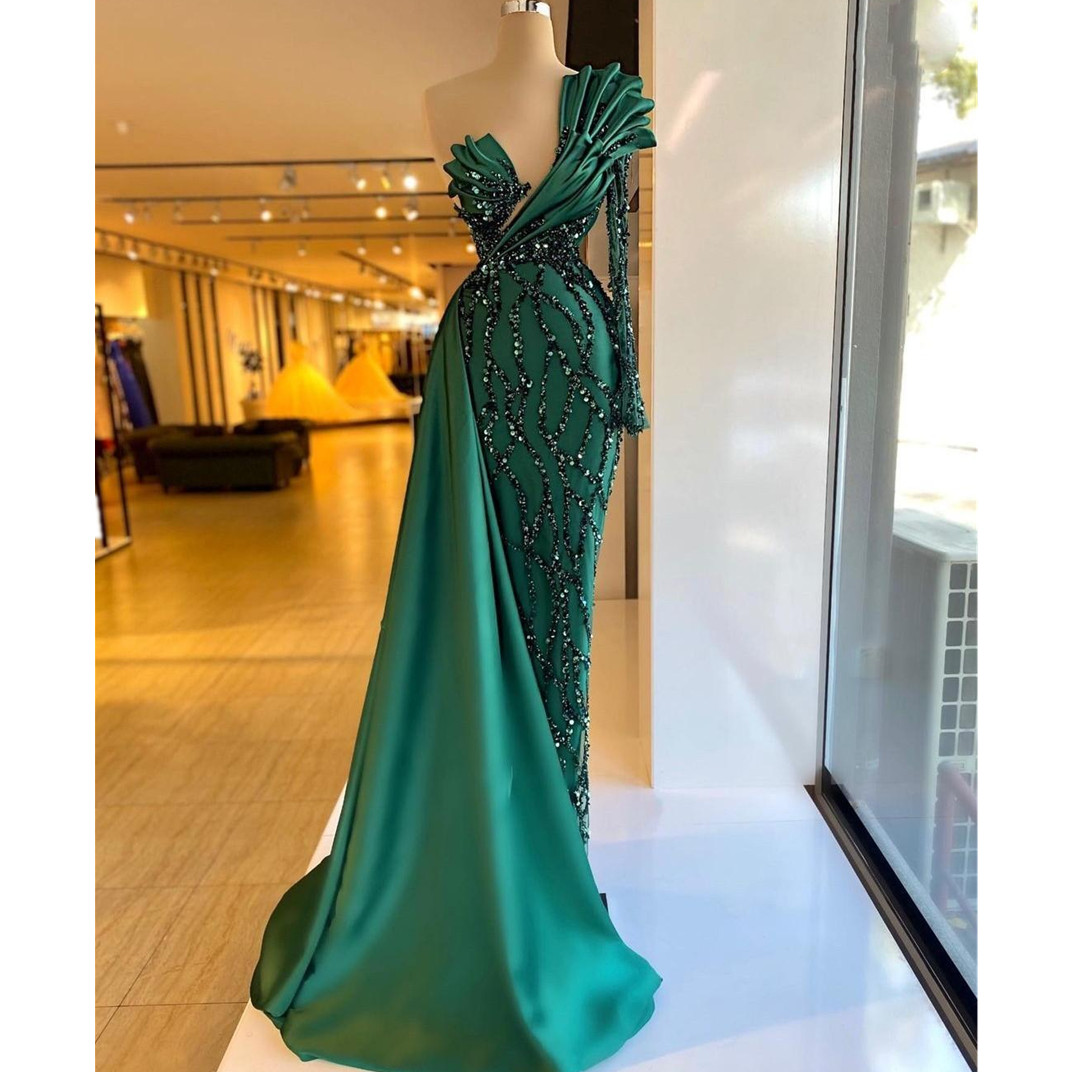 Dark Green Sexy Mermaid Prom Dresses V Neck Sequins Beads Appliques Satin One Long Sleeve One Shoulder Floor Length Evening Formal Dresses Girls