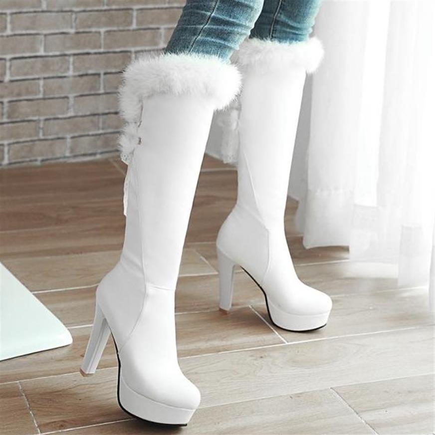 

size 32 to 43 with box beautiful bridal wedding shoes winter white fur boots luxury women knee high boots250Z, White;come with box