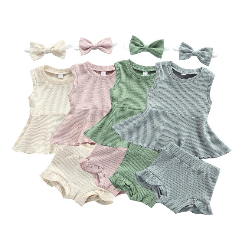 

Clothing Sets 3Pcs Baby Girls Outfit Summer Solid Color Sleeveless Round Collar Wide Hem Tops Stringy Selvedge Shorts Bow Headwear SetClothi
