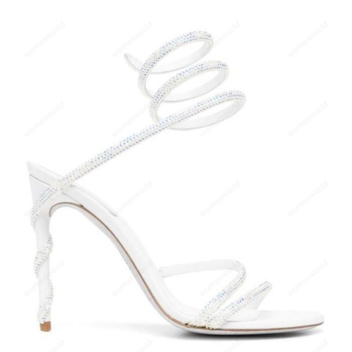 

RENE CAOVILLA Cleo open toe sandals crystal embellished spiral wrap around sandals twining rhinestone sandal women Top quality rainbow White stiletto heels shoes, Only a boxes