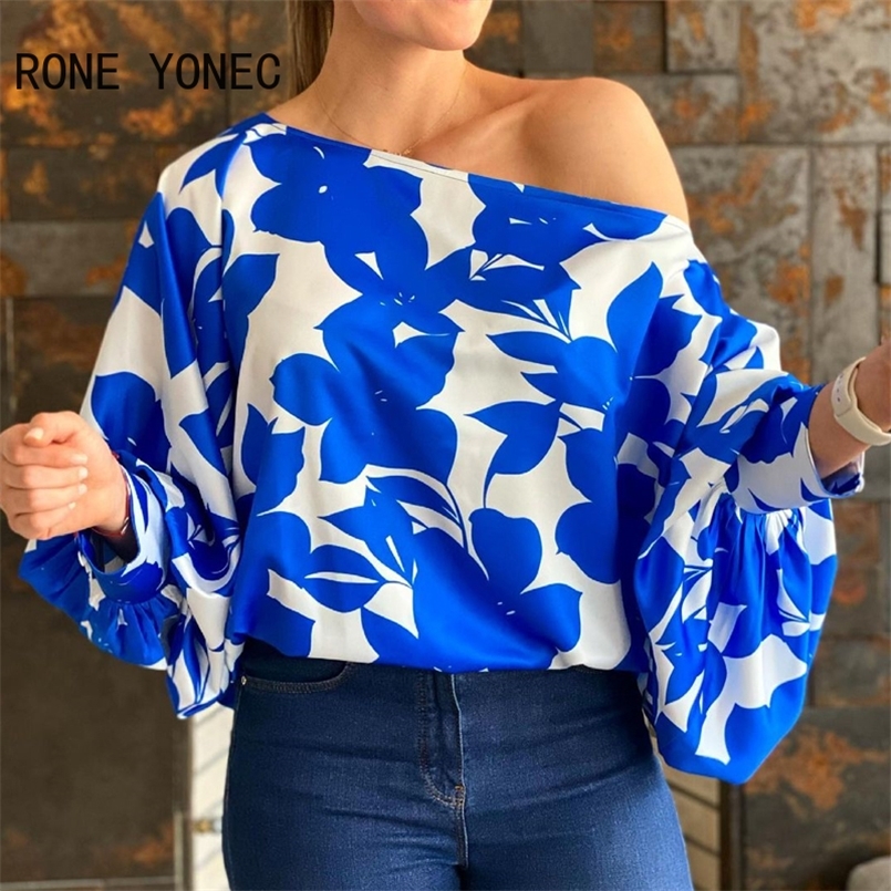 

Women Casual Graphic One Cold Shoulder Puff Sleeves Blouse 220407, Blue