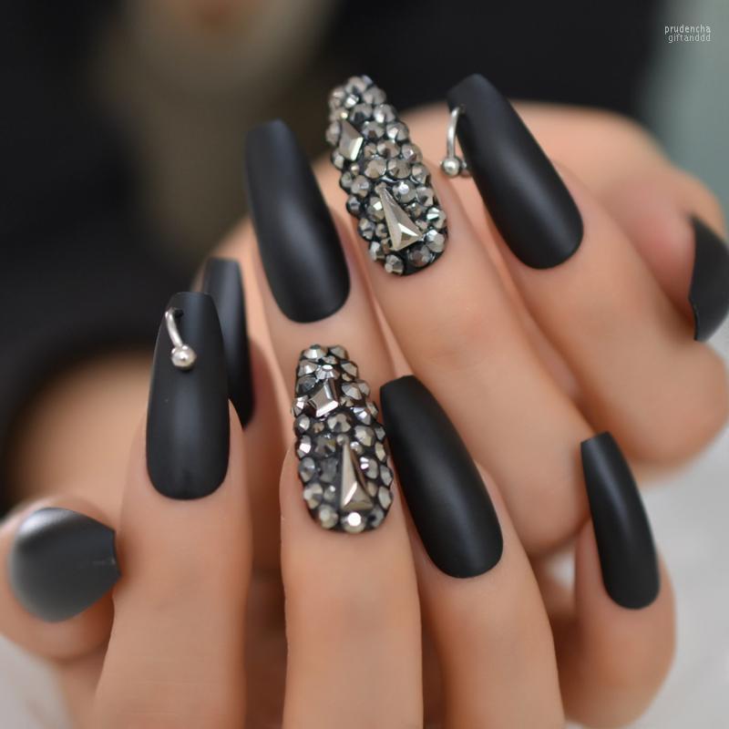 

False Nails Matte Black 3D Rhinestone Acrylic Nail Tips Coffin Luxurious Press On Finger Ballerina 24CT Prud22, L5470
