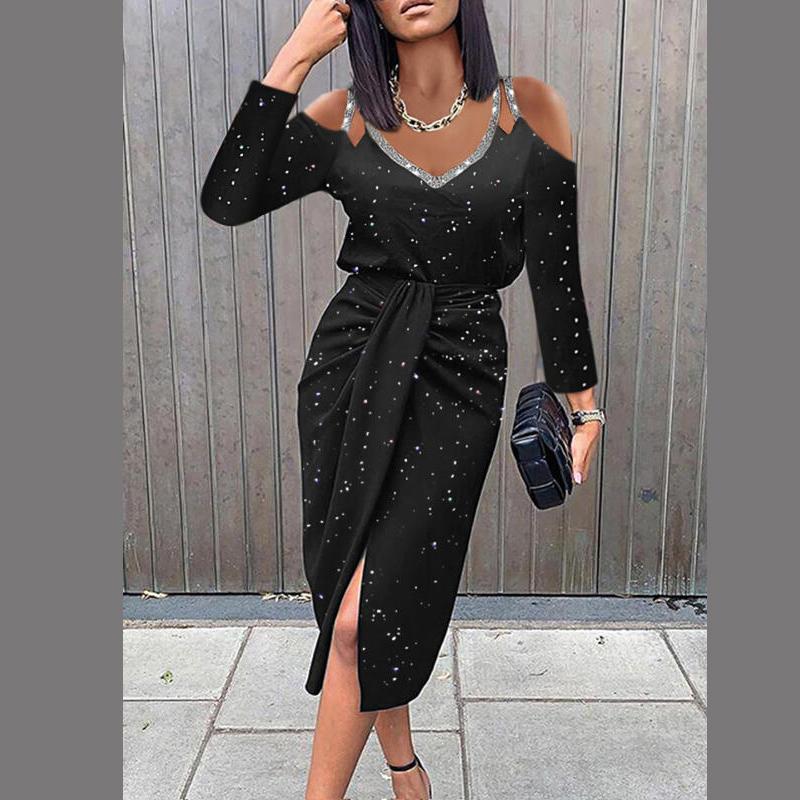 

Casual Dresses Fashion Patchwork Print Office Lady Long Dress Sexy Hollow Out Lace Party Women Spring Autumn Elegant O-Neck Slit, 02 black