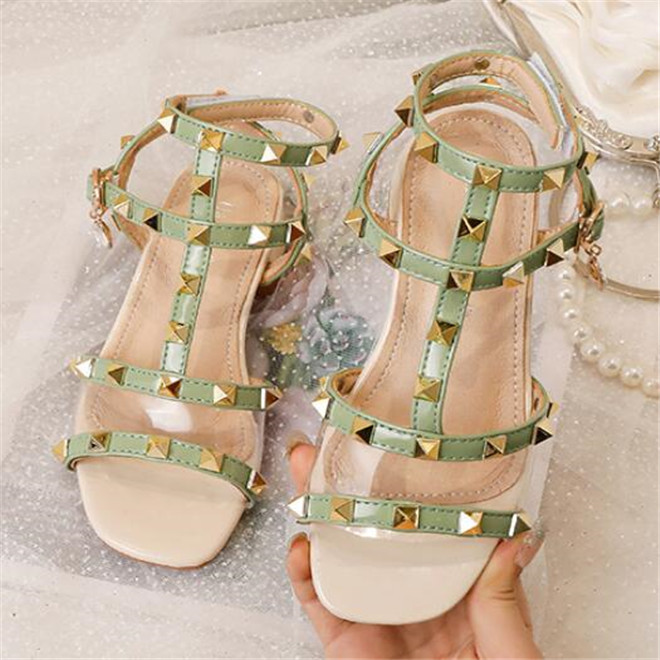 

New Summer Children Girls Open Toe Sandals Fashion Belt Buckle Low Heel Princess Roman Shoes Bright Diamond Rivet Kids Leather Shoes, As shown