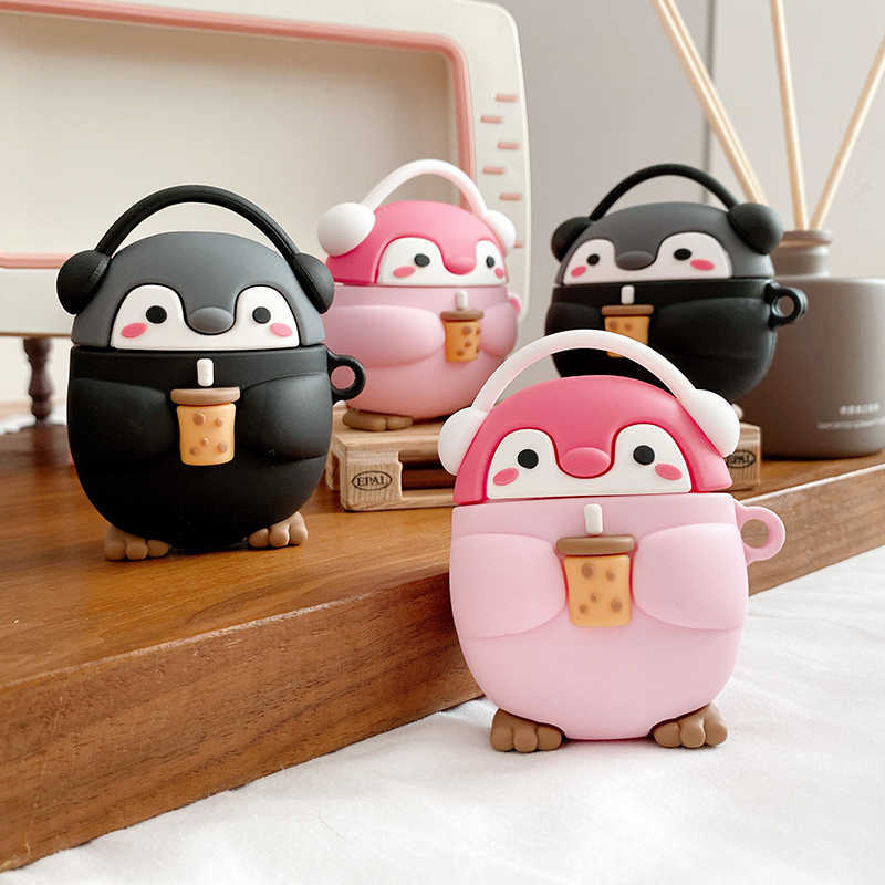 Cute Milk tea music penguin 3D Case For AirPods 1 2 pro Charging Box Soft Silicone Wireless Bluetooth Earphone Protective Cover