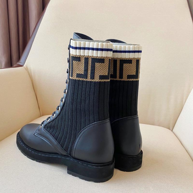 

Brown Zucca cuff knitted sock-like flats Ankle biker boots Rockoko stretch-knitted leather pull on combat Booties for women shoes factory