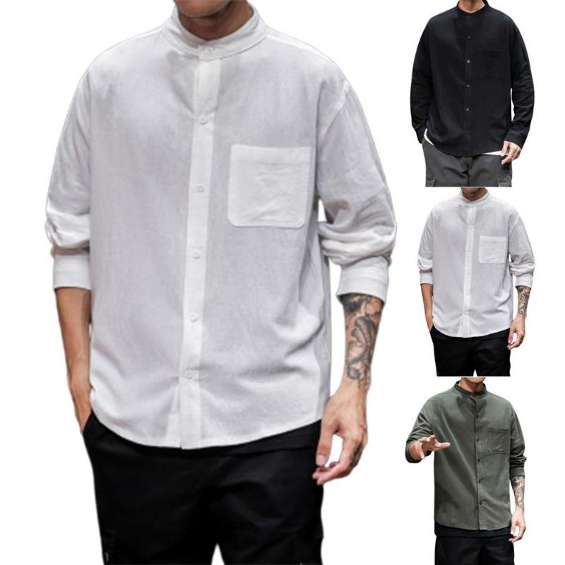 

Men's Casual Shirts Mens Fashion Solid Loose Shirt Spring Long Sleeve Stand Collar Men Single Breasted Top Streetwear Camisa MasculinaMen's, Green