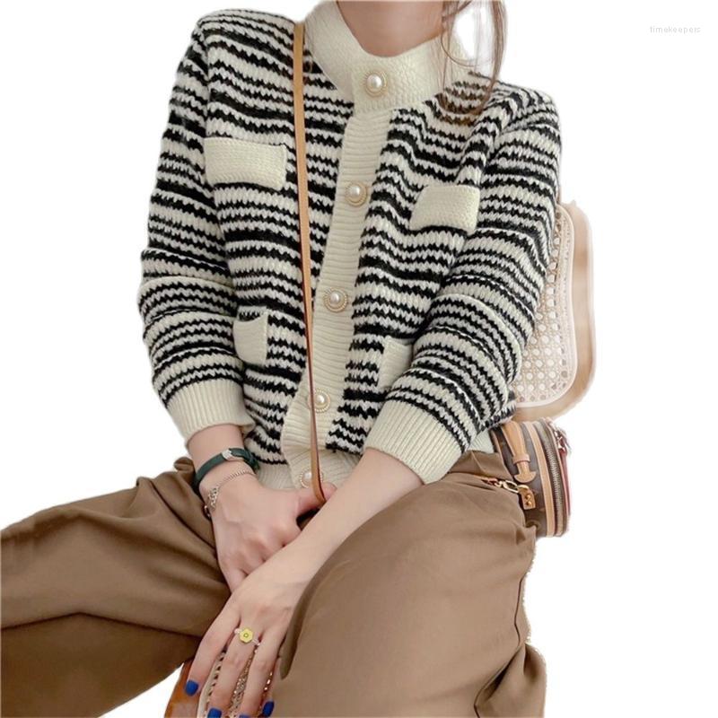 

Women's Knits & Tees Autumn 2022 Korean Version Women/Girl Round Collar Retro Striped Splicing Single-Breasted Long Sleeve Slim Knit Cardiga, Black