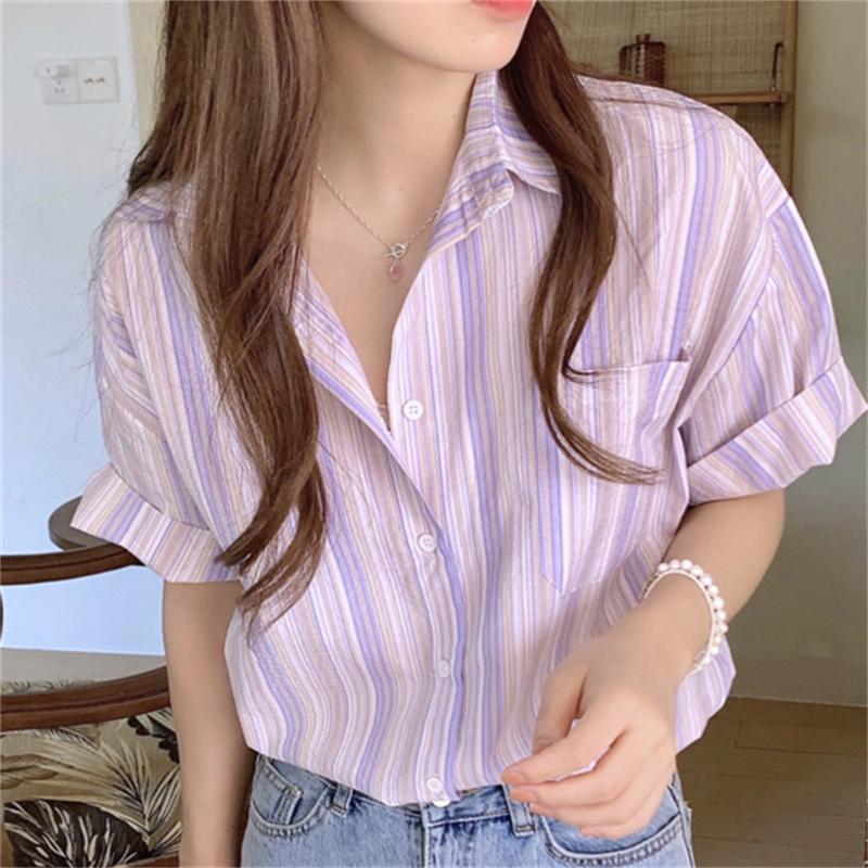 

Women's Blouses & Shirts HziriP 2022 Lady Striped Basic Summer Lapel Short Sleeves Chic Women Stylish Streetwear Femme Girl Loose All Match, Pink