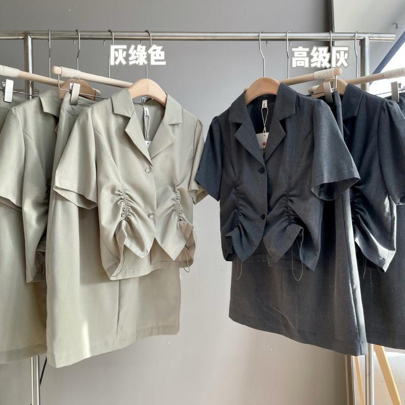 

Two Piece Dress Drawstring Detailed Crop Blazer Straight Midi Skirt Green Gray Summer Office Women SetTwo, Advanced grey suit