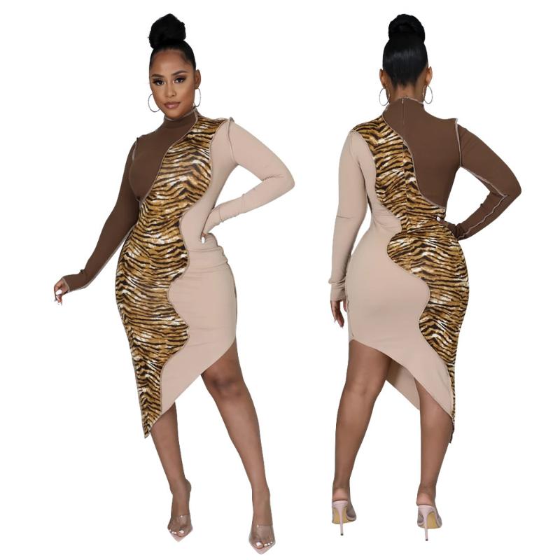 

Casual Dresses Chiclover Party Dress For Women Evening Wholesale Items Leopard Patchwork Sexy Bodycon Turtleneck Winter Clothes