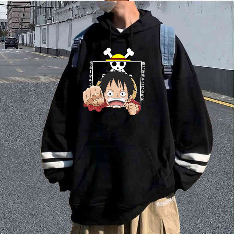

Anime One Piece Print Hoodie Luffy Loose Unisex Autumn, Black
