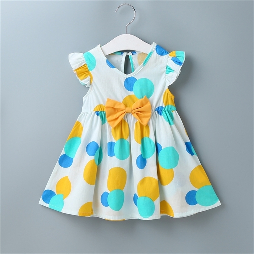 

Summer Girls Dress Cute Pure Cotton Bow O-Neck Sleeveless Wave Point Casual A-line Vestidos 210629, Yellow