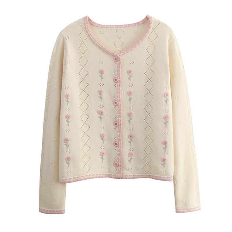 

Women's Knits & Tees Lamtrip Unique Handmade Flowers Embroidery Kawaii Cardigan Knitted Sweater 2022 Autumn Winter, White