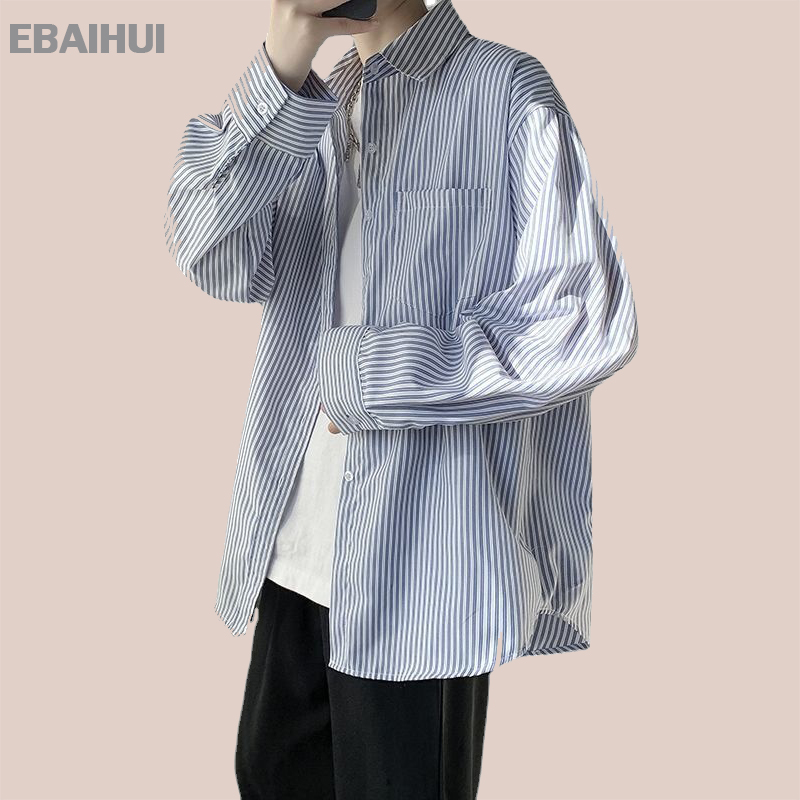 

EBAIHUI Men' Shirts Vertical Stripes Long-sleeved Tops Japanese Casual Couples' Jackets Neutral Handsome Loose and Versatile, Gray