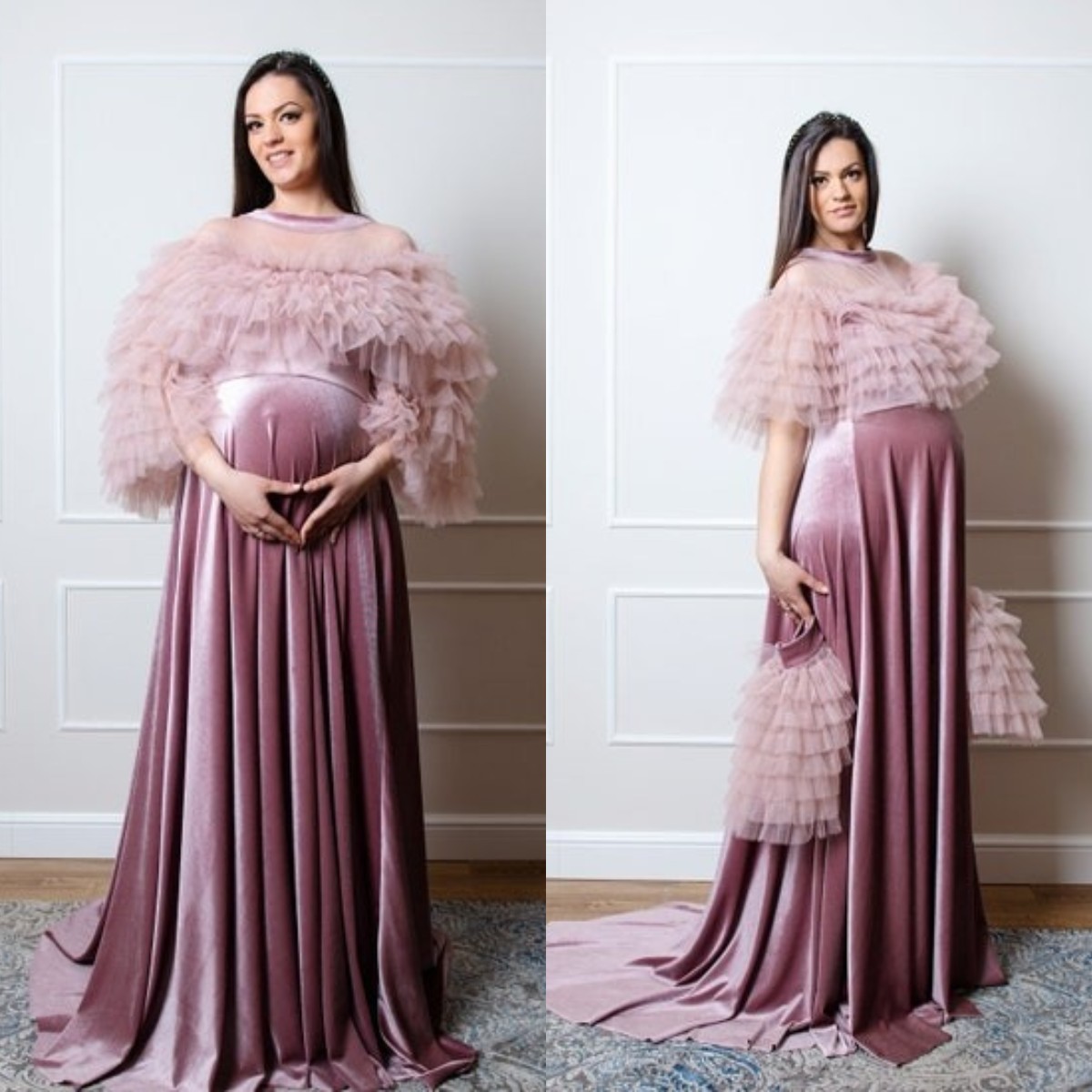 

Elegant Velvet Prom Dresses 2022 Women's Dress with Removable Sleeves Maternity Photoshoot Robes for Baby Showers Evening Gowns, Fuchsia