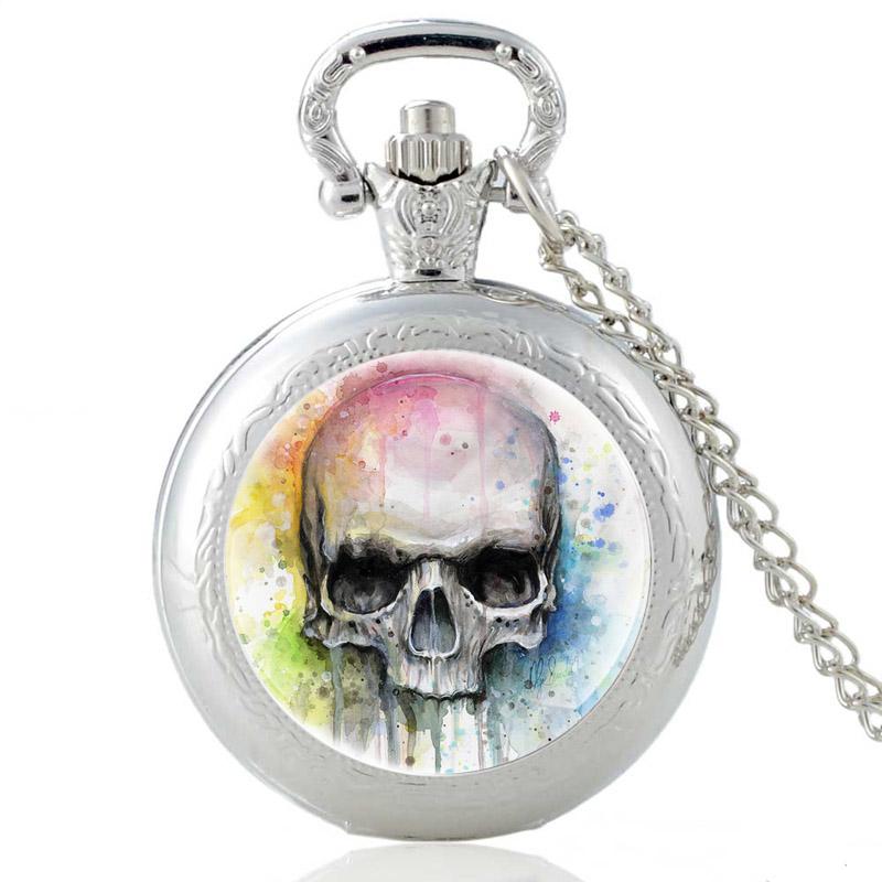 

Pocket Watches Unique Skull Painting Vintage Quartz Watch Charm Men Women Pendant Necklace Hours Clock Gifts, Black