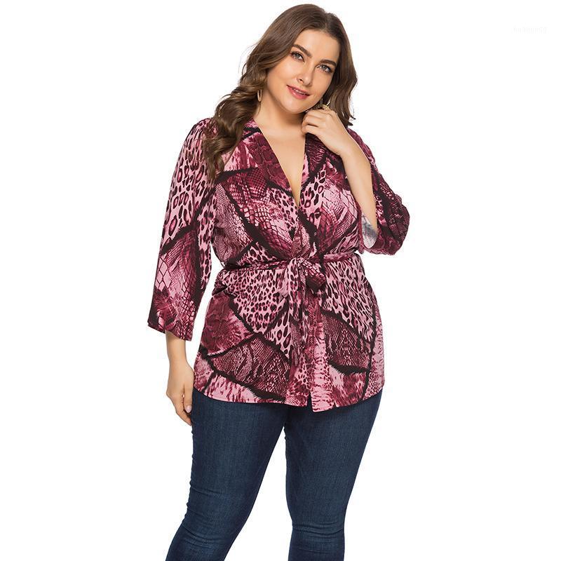 

Women's Blouses & Shirts Spring Aurumn Women Tops And V Neck 3/4 Sleeve Plus Size -6XL Printed Leoaprad Snake Pattern Chemisier Femme, Coffee