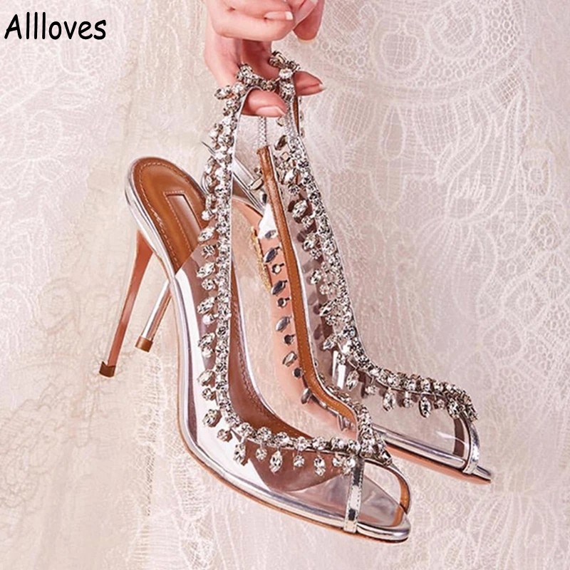 

Luxury Crystals Wedding Shoes Women High Heel Pump Shoes Fashion Embellished Silver Metallic Leather Slingback PVC PeepToe Bridal Ladies Sandals For Party AL9279