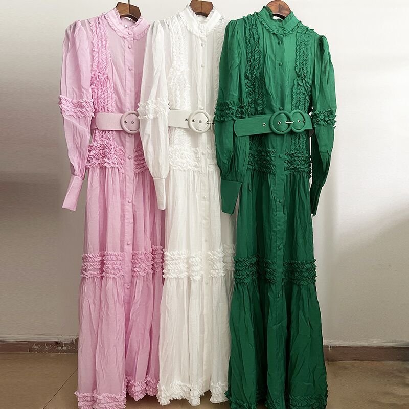 521 2022 Summer Flora Print Dress Crew Neck Long Sleeve White Pink Green Panelld DRess Luxury Fashion Prom Womens Clothes oulaidi