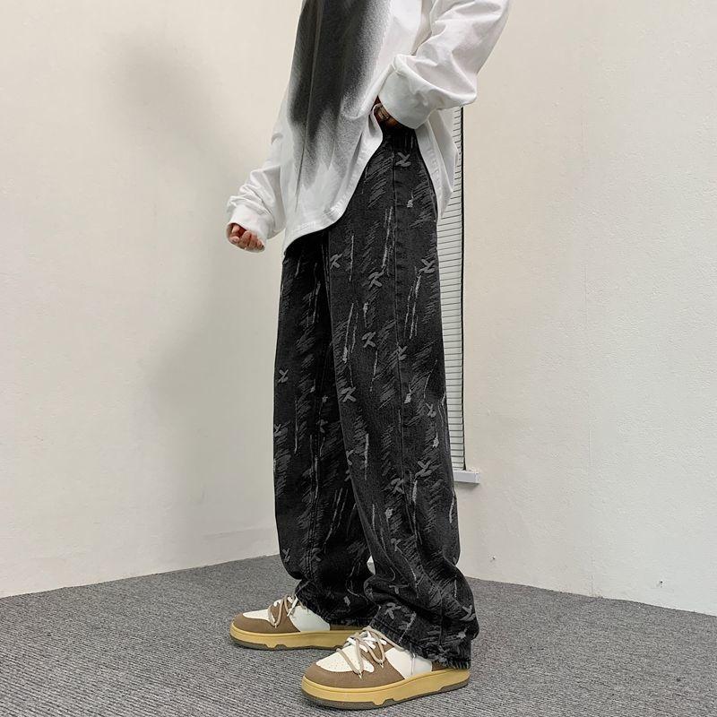 

Men' Pants Tie Dye Printed Jeans Men And Women Ulzzand High Waist Hip Hop Streetwear Vintage Wide Leg Baggy Straight Loose TrousersMen, Sky blue