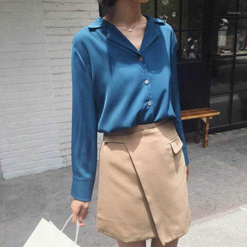 

Women' Blouses & Shirts 2022 Spring Autumn Chic Fashion Solid Color Lapel Long Sleeve Blouse Ladies Elegant Female Casual, Blue shirt