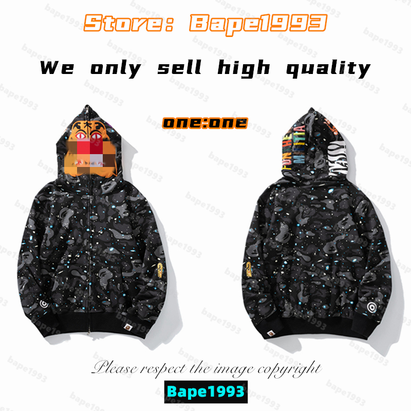

High quality Apes Mens Hoodies & Sweatshirt Japan shark B ape head Galaxy spots luminous camo Male and female couples with the same model 100% cotton New hoodie 1993 KS4-20, 1 button