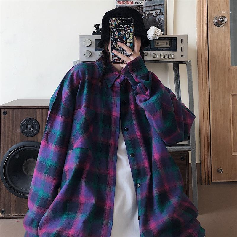 

Women's Blouses & Shirts 2022 Autumn Vintage Plaid Shirt Female Tops Loose Long Sleeve Women Fashion Harajuku Button Up Camisa, Blue