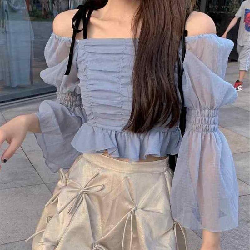 

Women' Blouses & Shirts Summer Chiffon Blouse French Slash Neck Sweet Square Collar Flared Sleeves Off-shoulder Ruffled Long-sleeved TopsWo, Sky blue