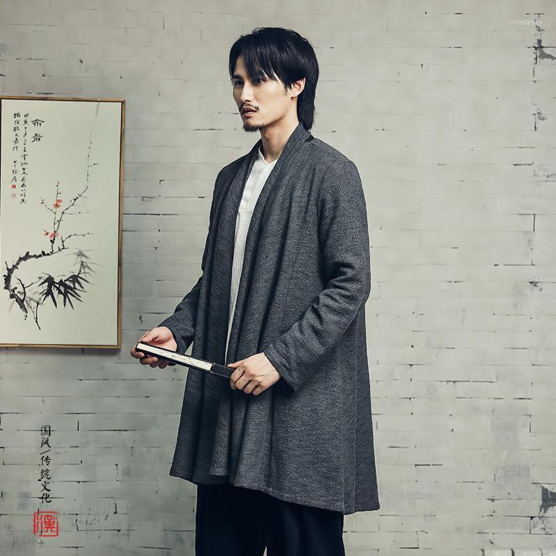 

Men's Trench Coats 2022 Chinese Style Cotton And Linen Jacquard Mid-length Lapel Windbreaker Jacket Casual Viol22, Black