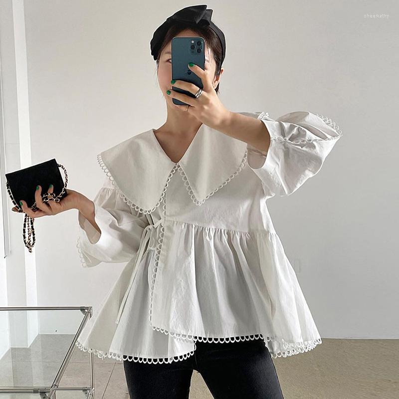 

Women's Blouses & Shirts Korean Chic Spring Big Lapel Hollow Lace Up Waist Irregular Hem Shirt Women White Casual Tops Blusas Mujer Wild One