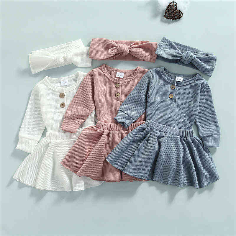 

Citgeett Autumn Baby Girls Clothing Sets 0-12M Solid Long Sleeves Button Romper Tops A-line Skirts Headband Spring suit J220712