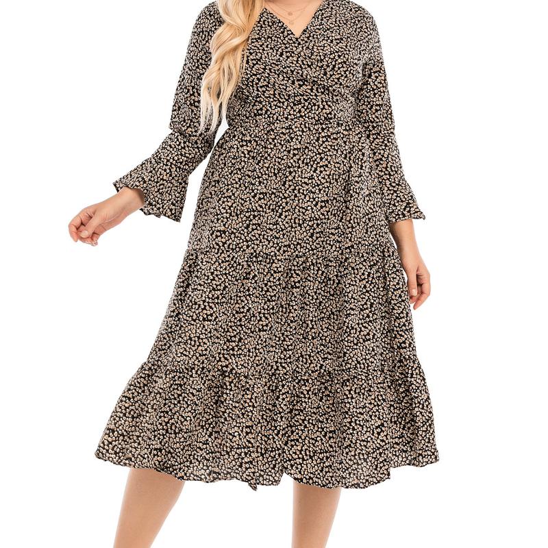 

Plus Size Dresses 2022 Summer Dress Women V Neck Ruffles Long Sleeve Printing High Waist Casual Beach Sundress, Khaki